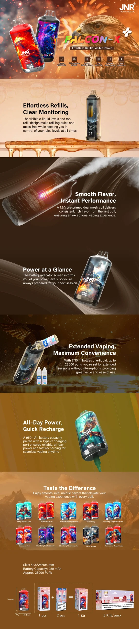 JNR FALCON X PLUS 28000 puffs Refillable Vape Function Introduction