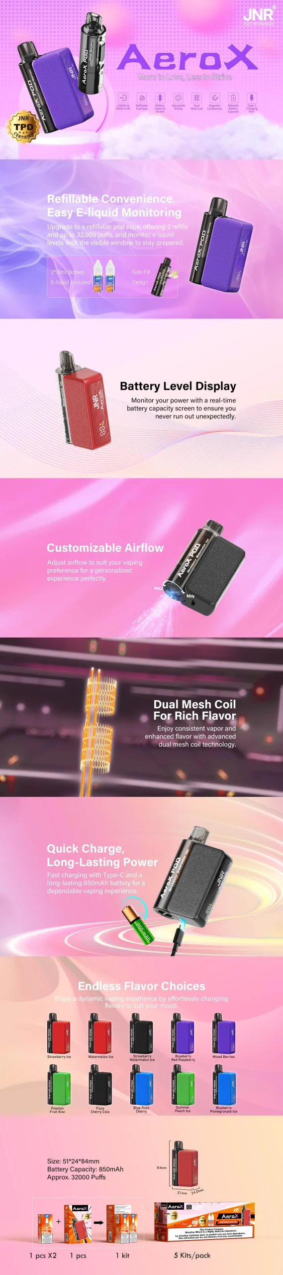 JNR AeroX 32000 puffs Refillable Vape Product Description