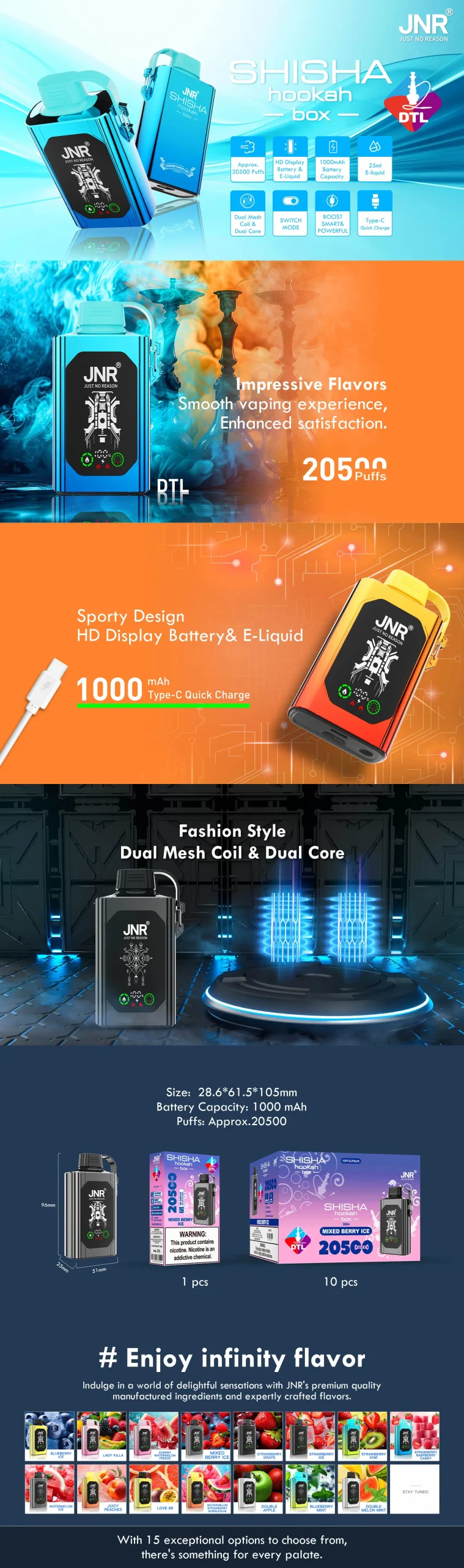 JNR Shisha Hookah Box 20500 puffs Vape Product explanation