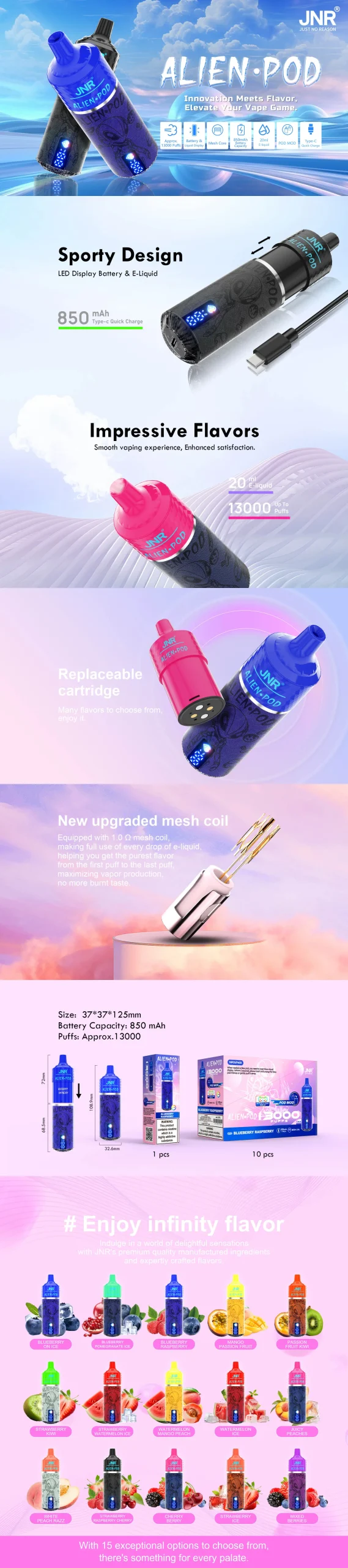 JNR Alien Pod 13000 Puffs Vape Product explanation