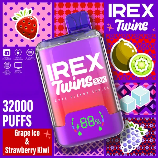 IREX VAPE TWINS 32000 Puffs Disposable Vape Grapelce Strawberry kiwi