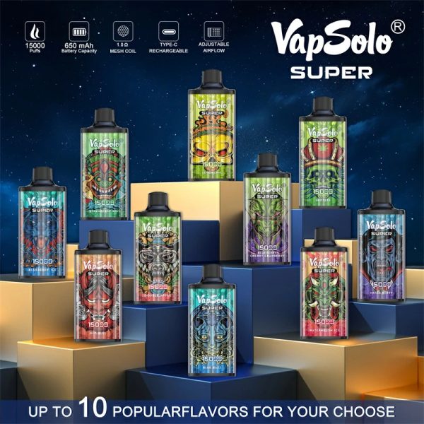 Vapsolo Super 15000 Puffs Disposable Vape Product display in 10 flavors
