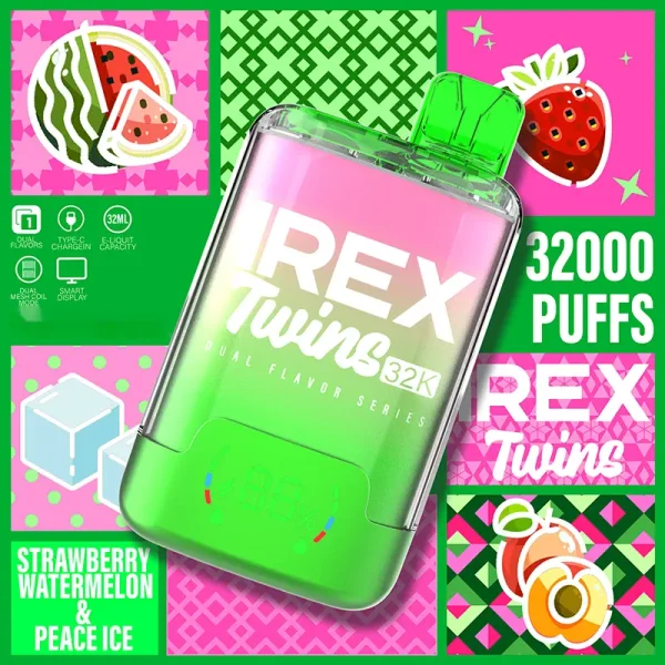 IREX VAPE TWINS 32000 Puffs Disposable Vape STRAWBERRY WATERMELON PEACE ICE