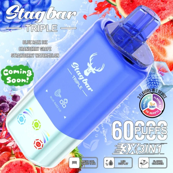 STAG BAR Triple 60K Puffs 3-in-1 Flavors Disposable Vape BLUE RA7Z ICE