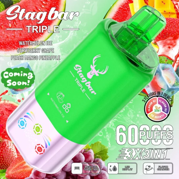 STAG BAR Triple 60K Puffs 3-in-1 Flavors Disposable Vape PEACH MANGO PINEAPPLE
