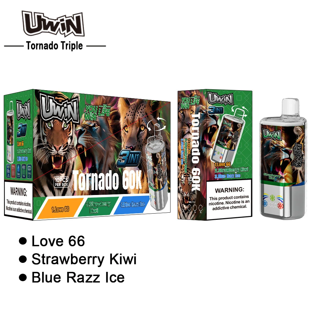 Uwin Tornado Triple 60K Puffs Disposable Vape Product packaging Strawberry Wonder, Love 66, Blue Raz Ice