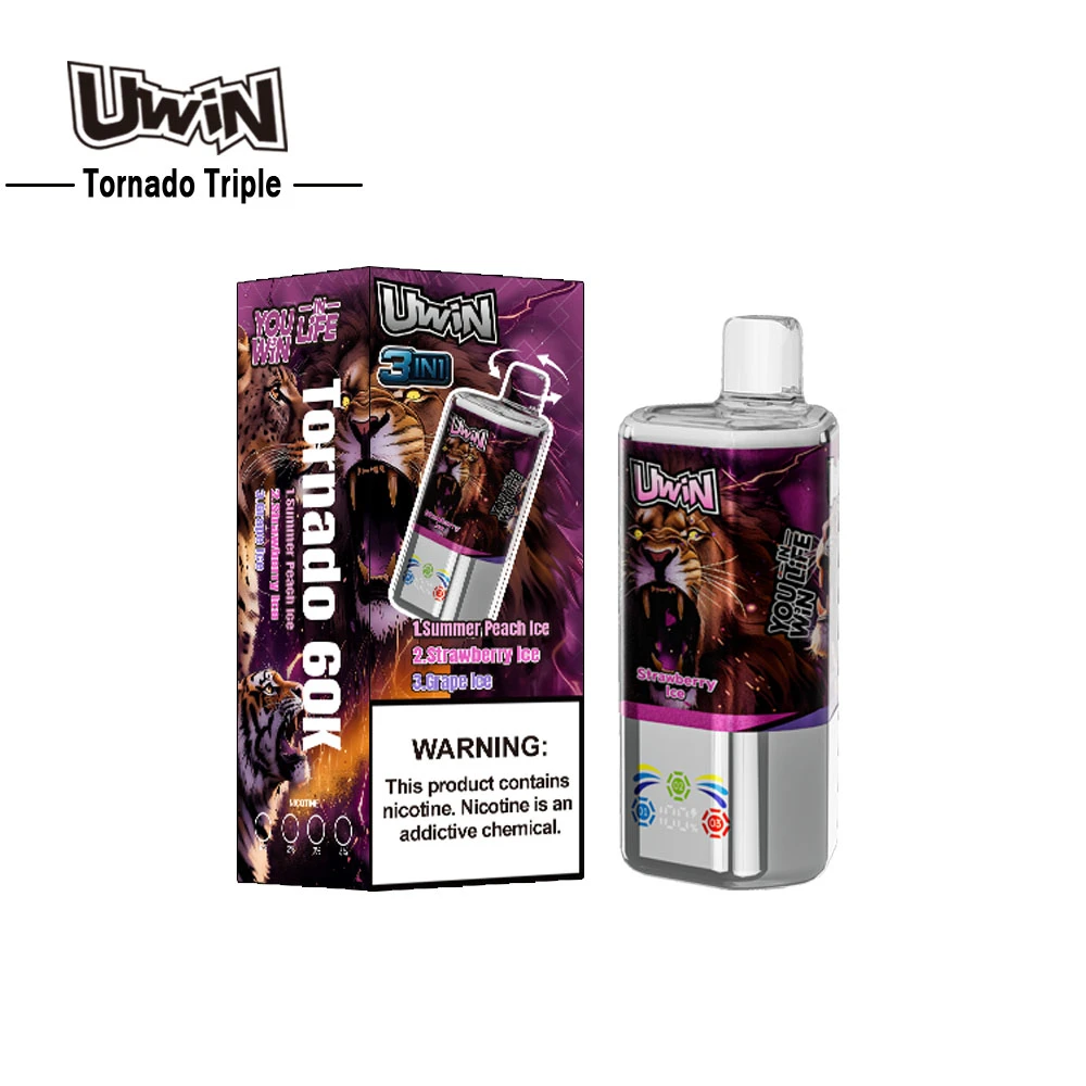 Uwin Tornado Triple 60K Puffs Disposable Vape Product packaging Strawberry ice, peach ice, grape ice